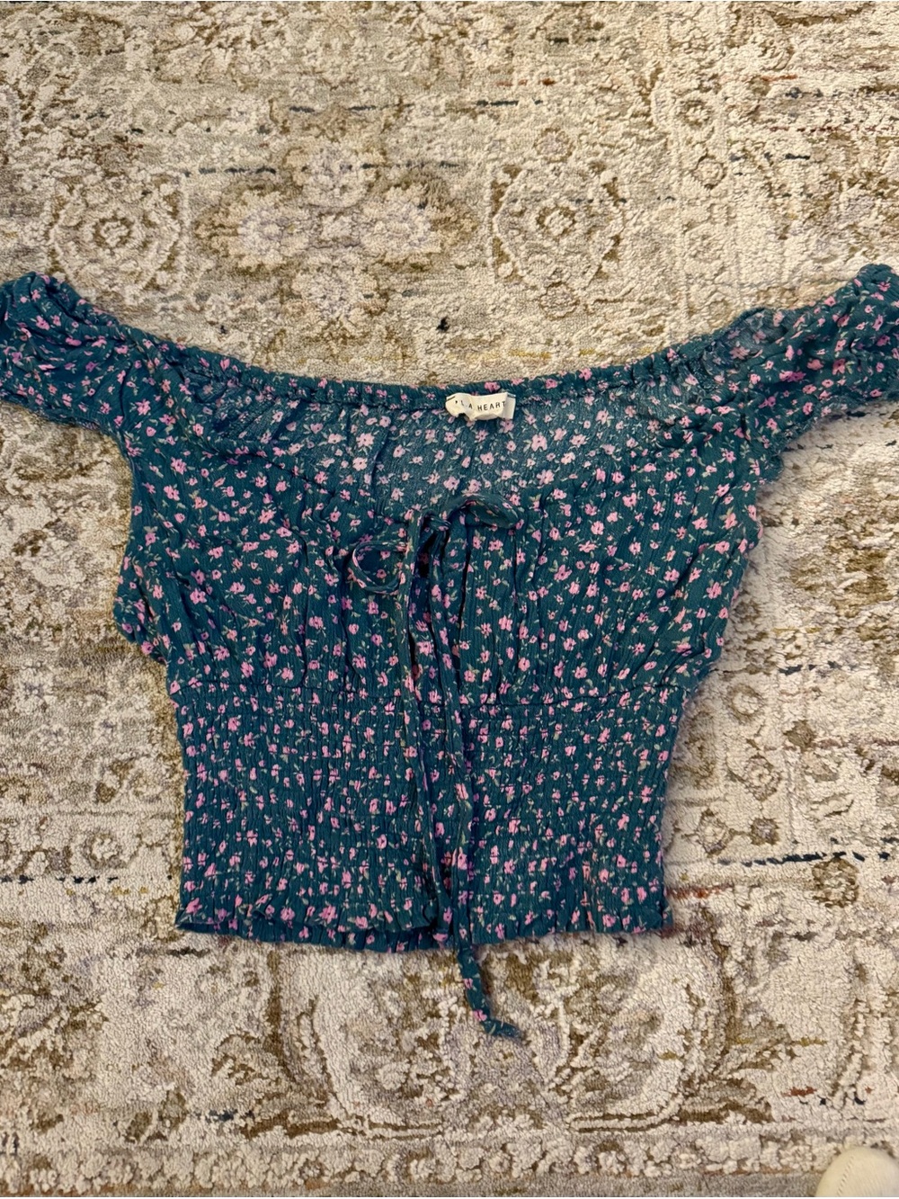 Pacsun LA Hearts Teal Floral Off-Shoulder Smocked Crop Top